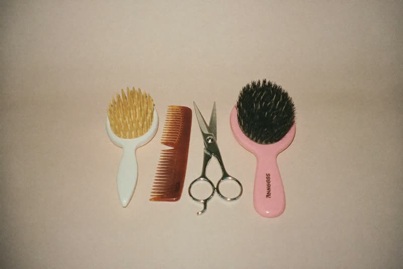 Grooming brush, comb and scissors laid out